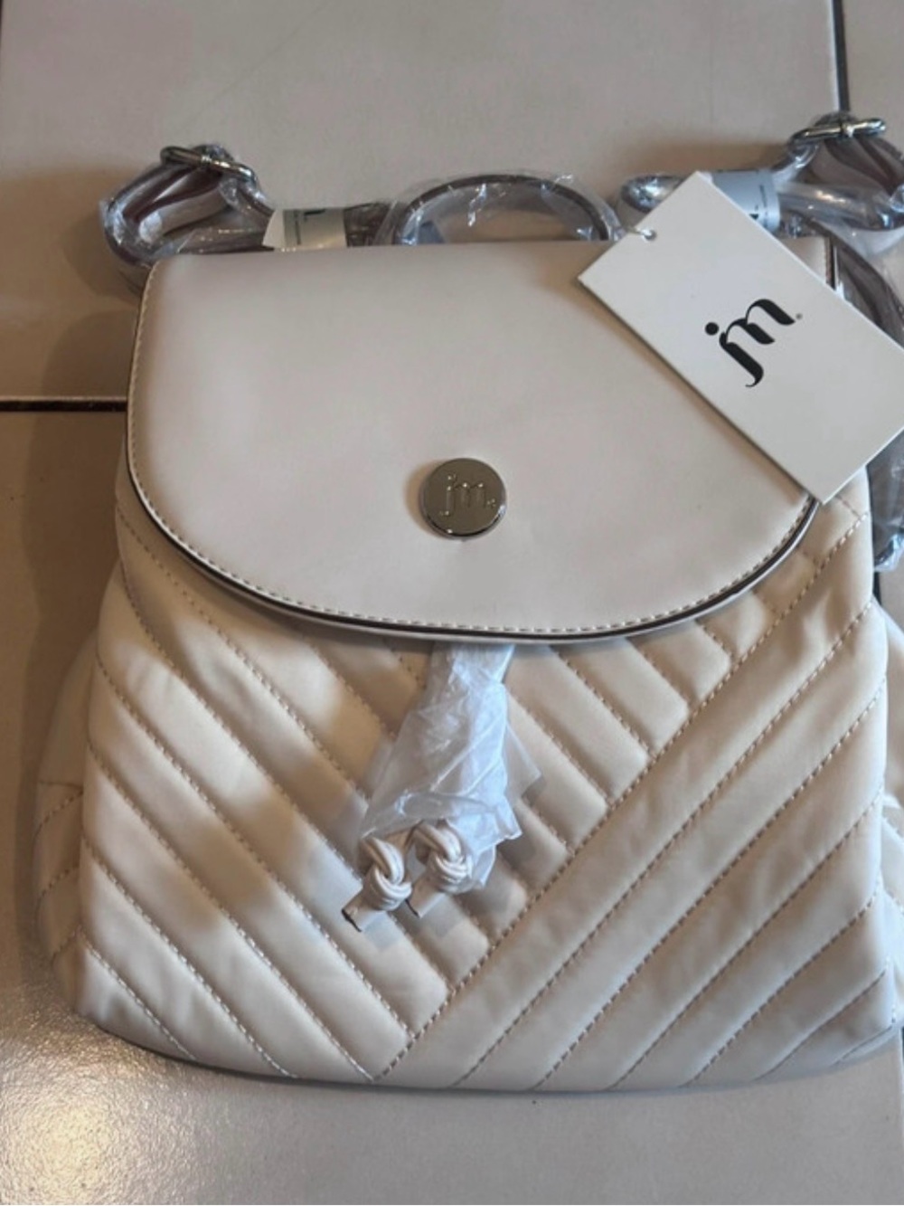 🎉Jessica Moore Cream Quilted Flap Backpack with Silver Logo and dust bag